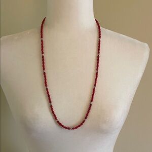 HAND CRAFTED RED CORAL BOHO NECKLACE 28.5” Red Rice Coral Beads Silver Cubes